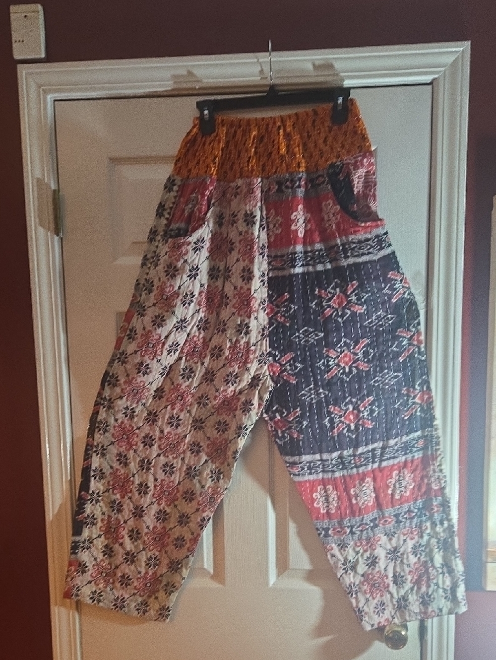 Boho Patchwork Wide-Leg Pants Kantha Navy ,Cream, Pink, White ,Red, Orange Waist
